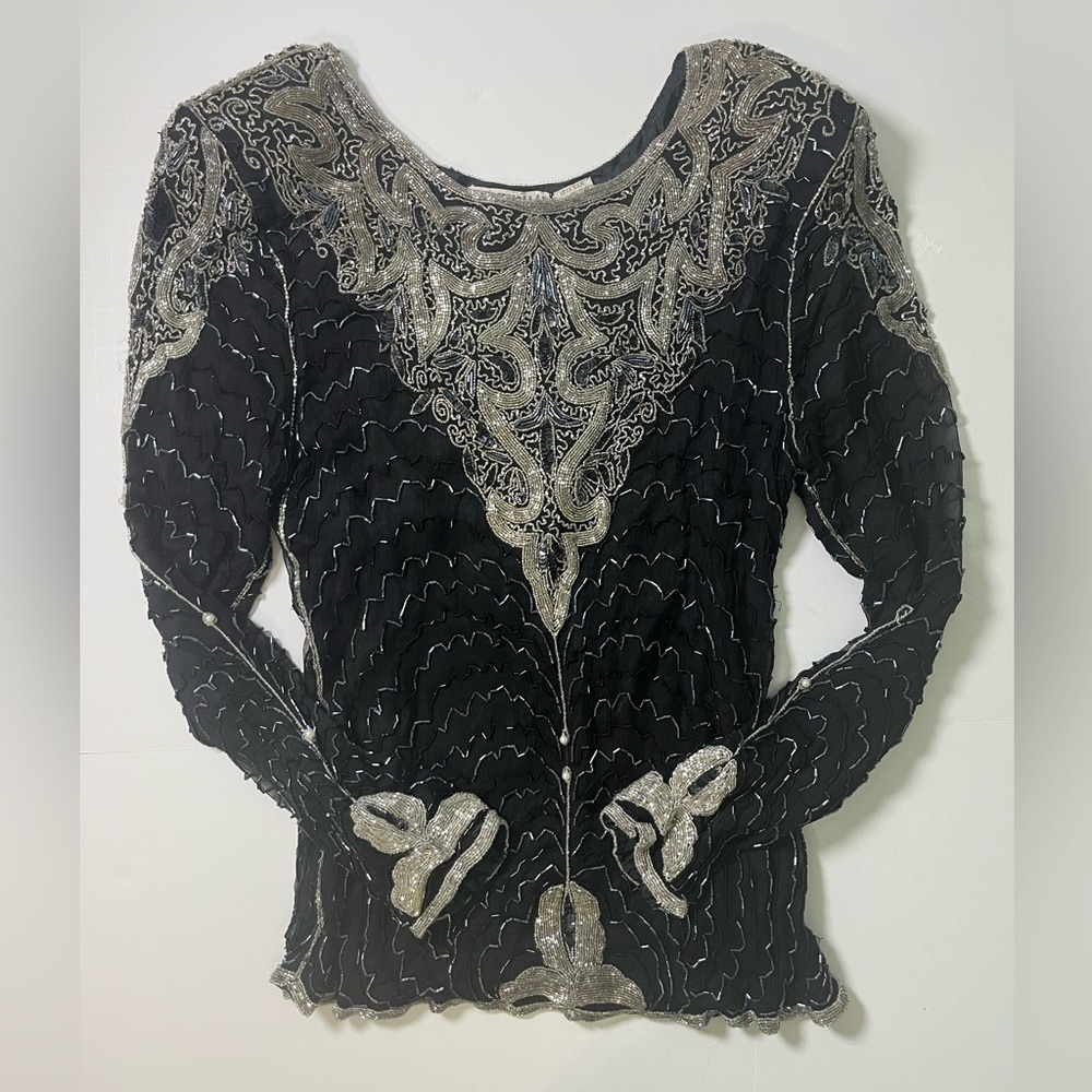 Vintage Freesha Beaded Silk Top Mermaidcore Art Deco 80s Glam